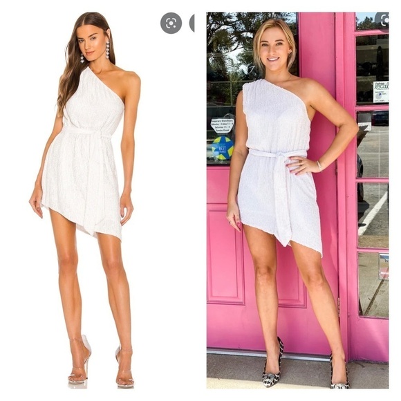 NEW RETROFETE Ella One Shoulder Sequin Mini Dress Tie Waist Moonglow White XS - Picture 4 of 12